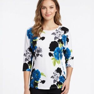 Multiples Women's White Floral Drop-Shoulder Sweater Top with Blue Blooms